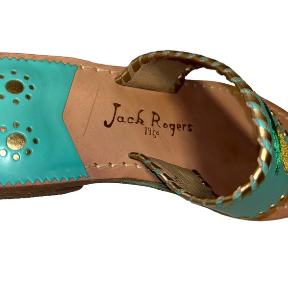 Jack Rogers turquoise /Gold Stitching thong sandals Embroidered pineapple 10 - Picture 4 of 6